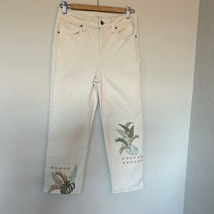 Women's Cream Jeans with Leaf Embroidery
